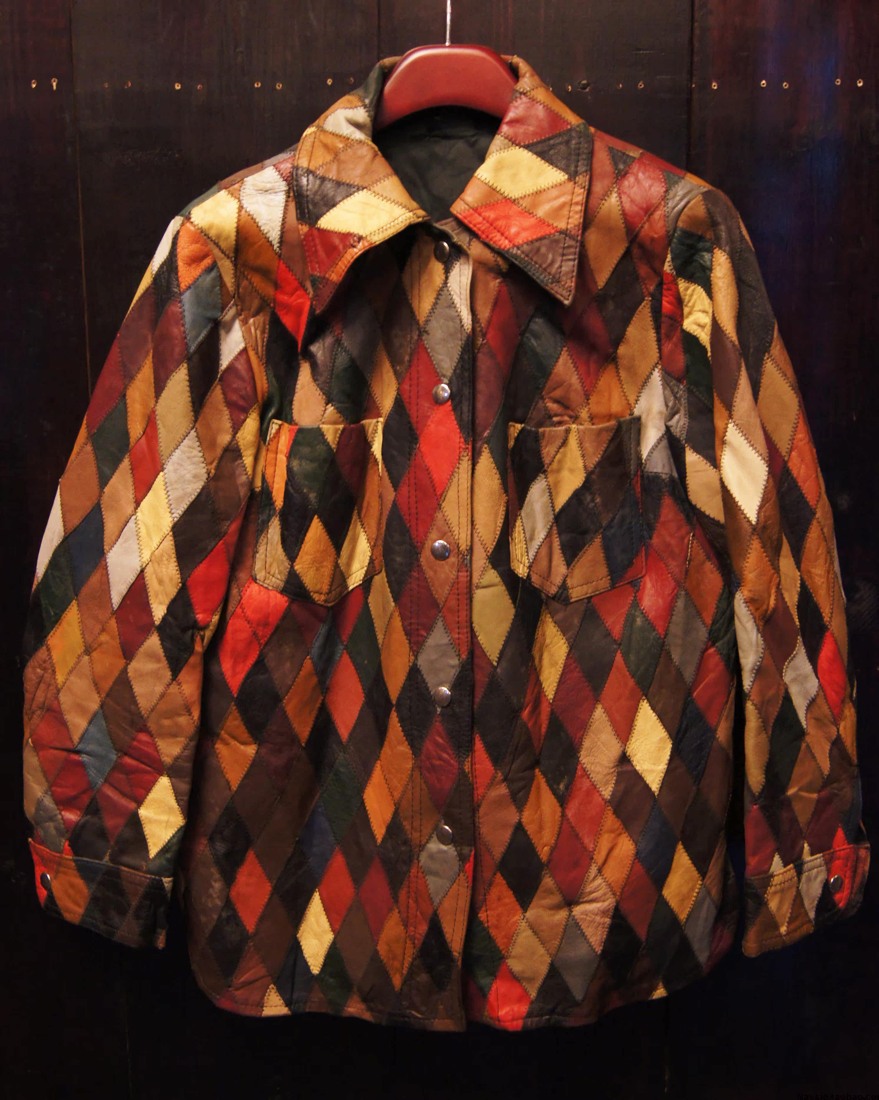 vintage古着嬉皮士风格彩色拼接女装皮衣