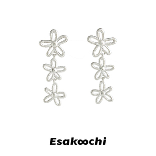 Esakoochi原创设计银白色蕾丝花朵耳环气质小众甜美少女耳饰耳钉