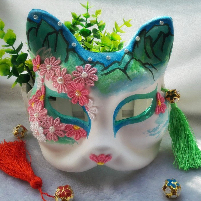 狐狸和风手绘面具 可爱面具 猫咪萌萌面具 和服搭配拍照 cos面具
