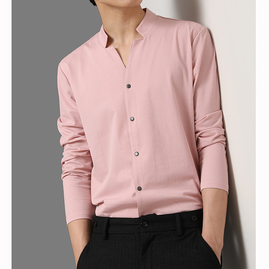 春秋新款男衬衣优雅时尚小立领定织坑