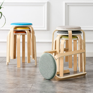 实木凳子简约客厅椅子家用圆凳布艺软包可叠放板凳餐桌折叠凳叠加