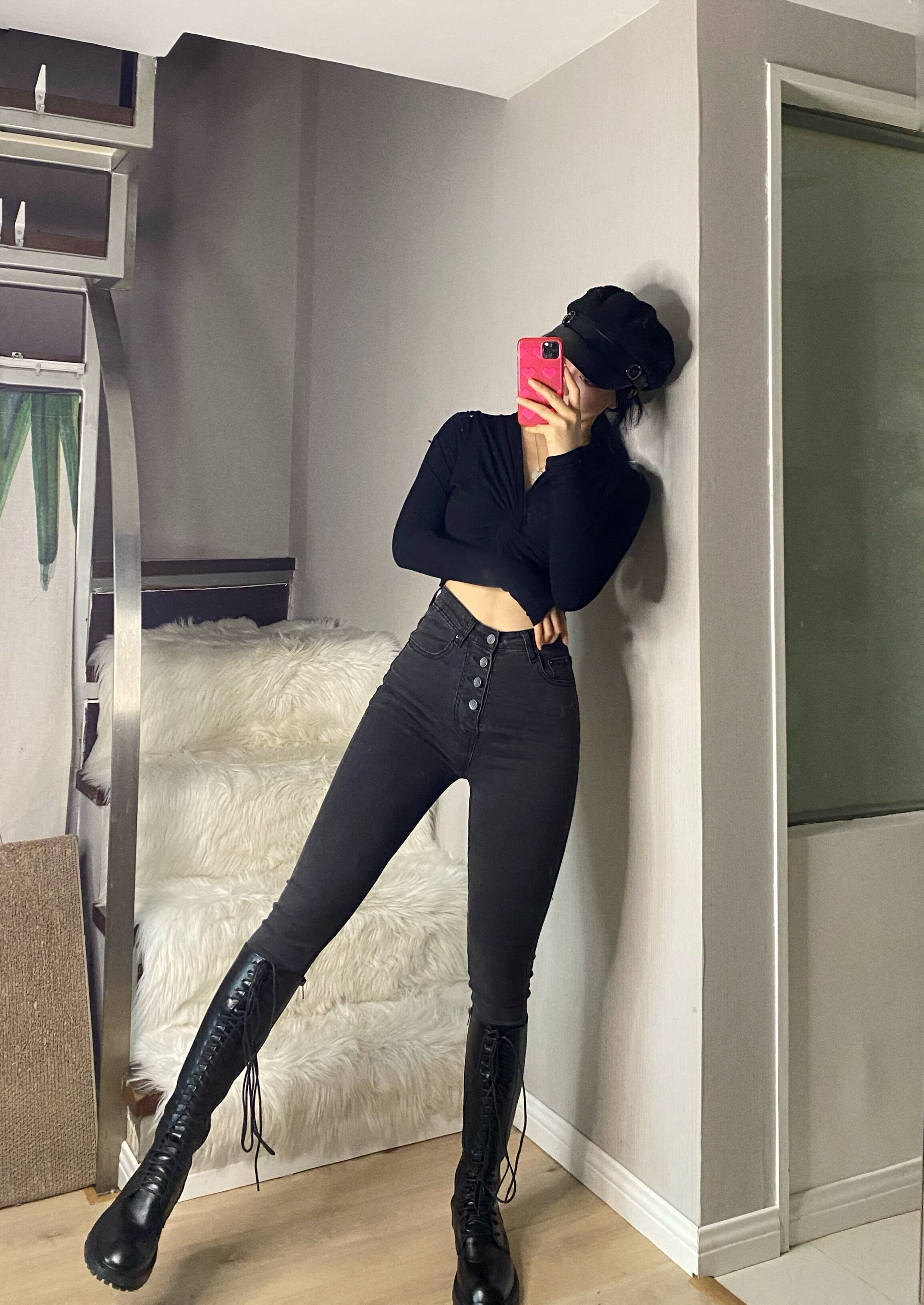 深灰色牛仔裤_小辣椒 4粒扣超高腰提臀高弹力深灰色紧身包腿显瘦牛仔