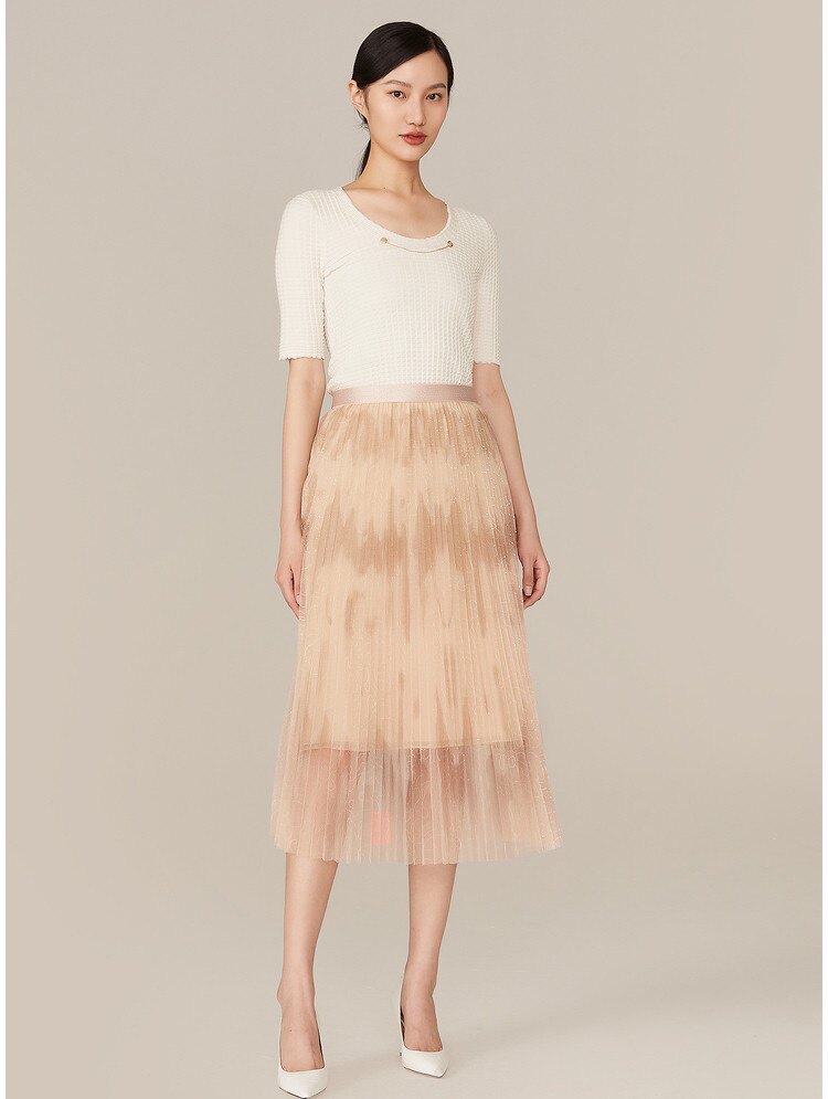 雅莹春季高端系列米色气质a型扎染印花网纱百褶半身裙epgpa3305a