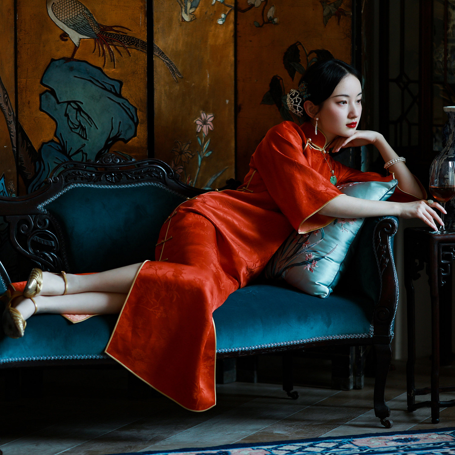 丹霞醉丨2022春季新款丨民国风重磅提花缎七分袖无省修身橘色旗袍