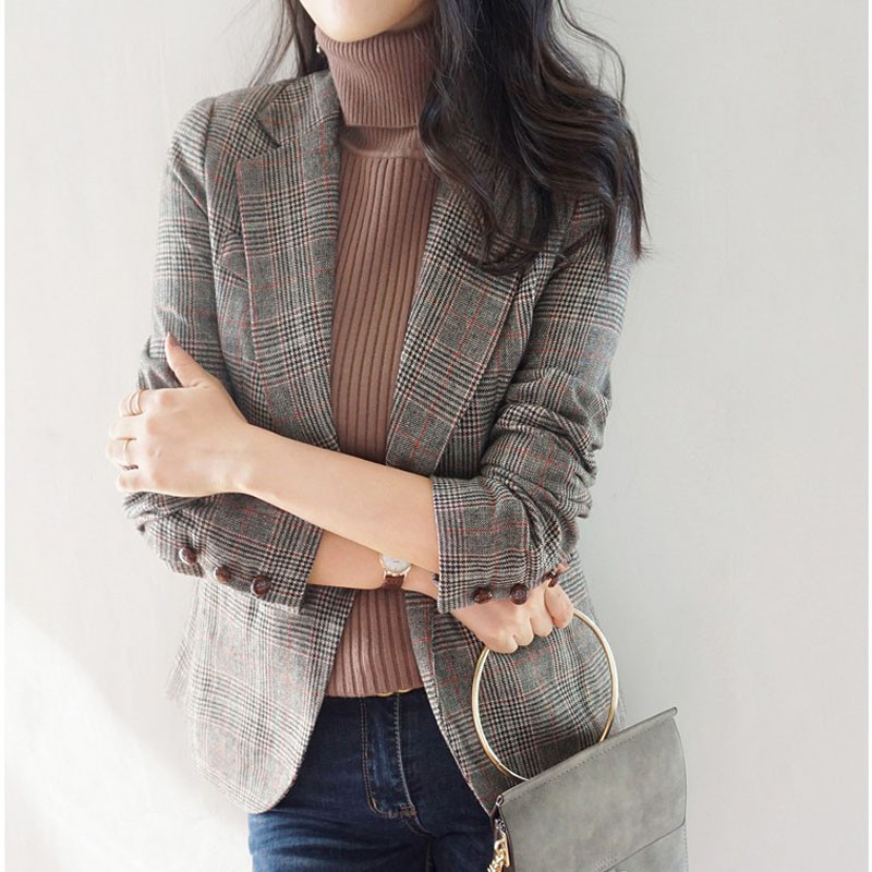 网红格子小西装外套女中长款韩版2020春秋装新款修身显瘦复古西服