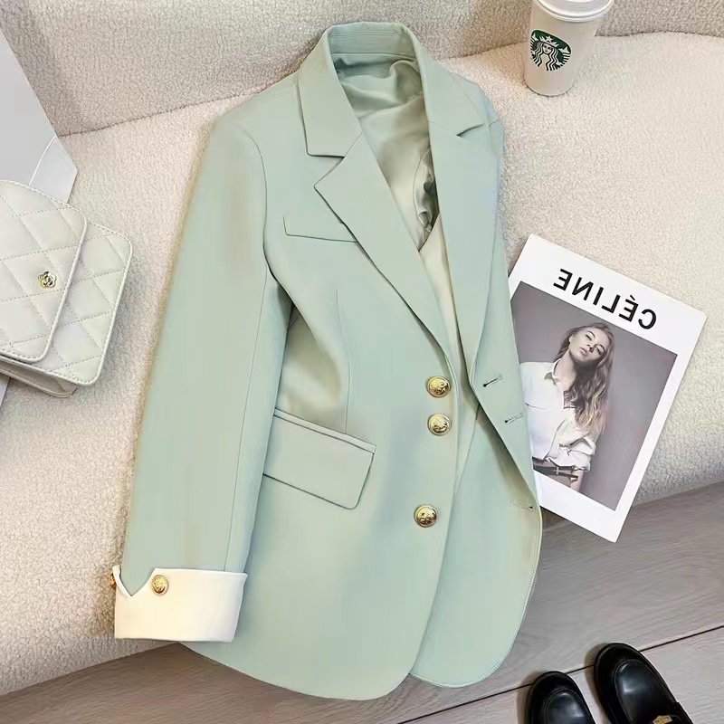 薄荷绿西装外套女2024年春秋新款小个子设计感时尚拼接袖百搭西服