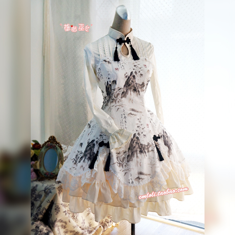 现货 草莓巫女原创古风Lolita设计中华风山水龙纹印花长袖连衣裙