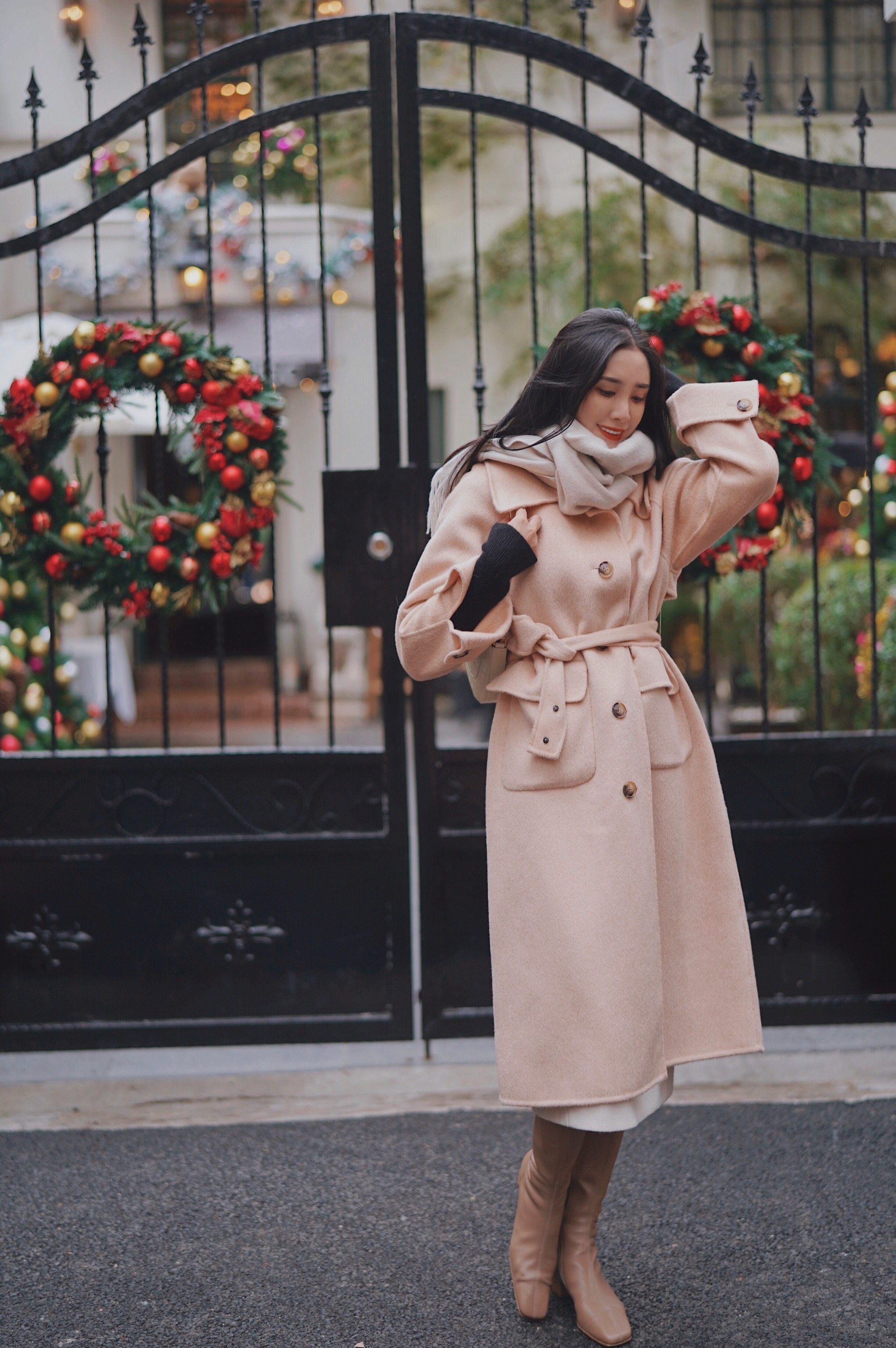 特价橘粉色大衣_杨姗姗elwing原创设计冬装新款复古优雅风羊驼毛橘