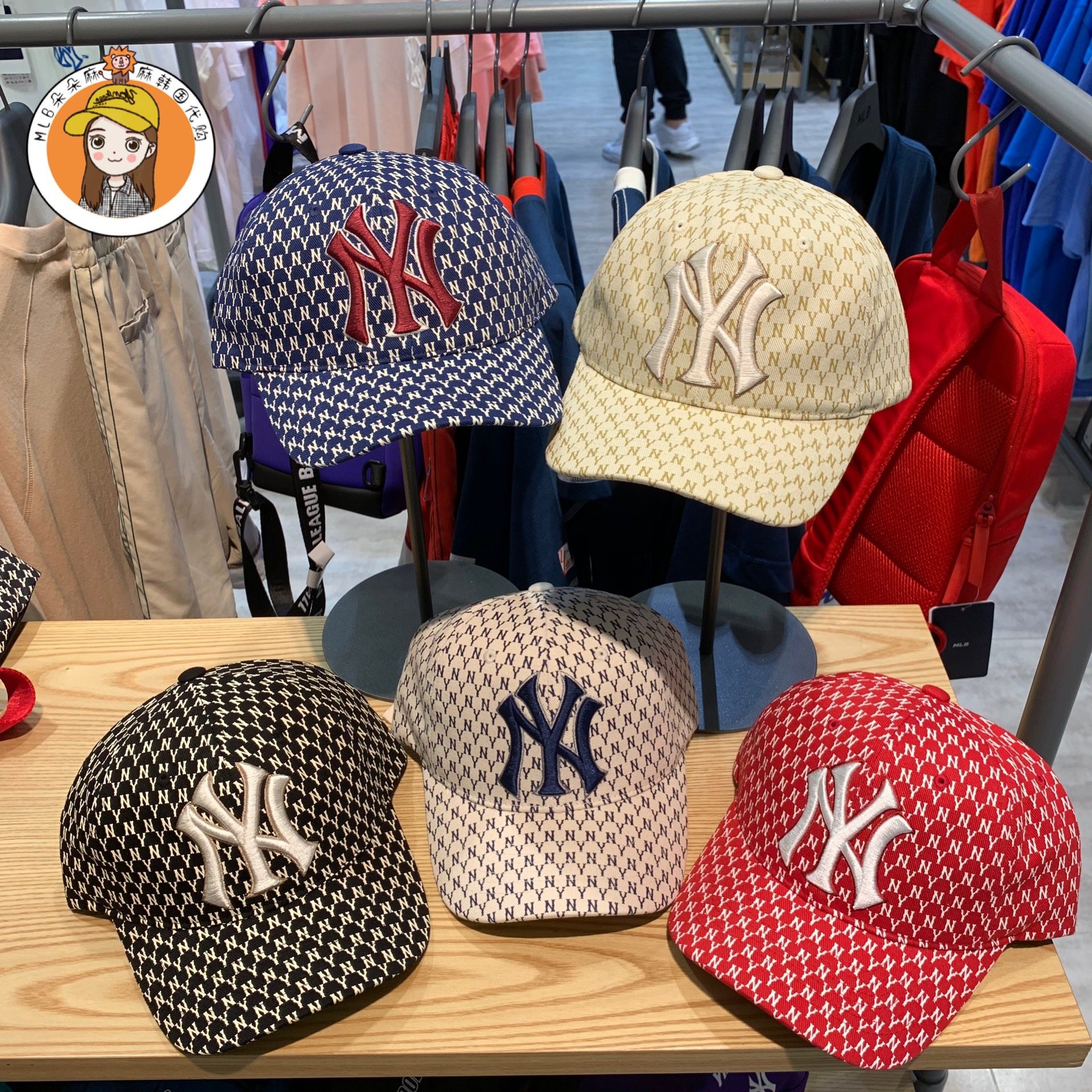 韩国正品mlb新款洋基队棒球帽米色蓝色印花ny大标鸭舌帽男女