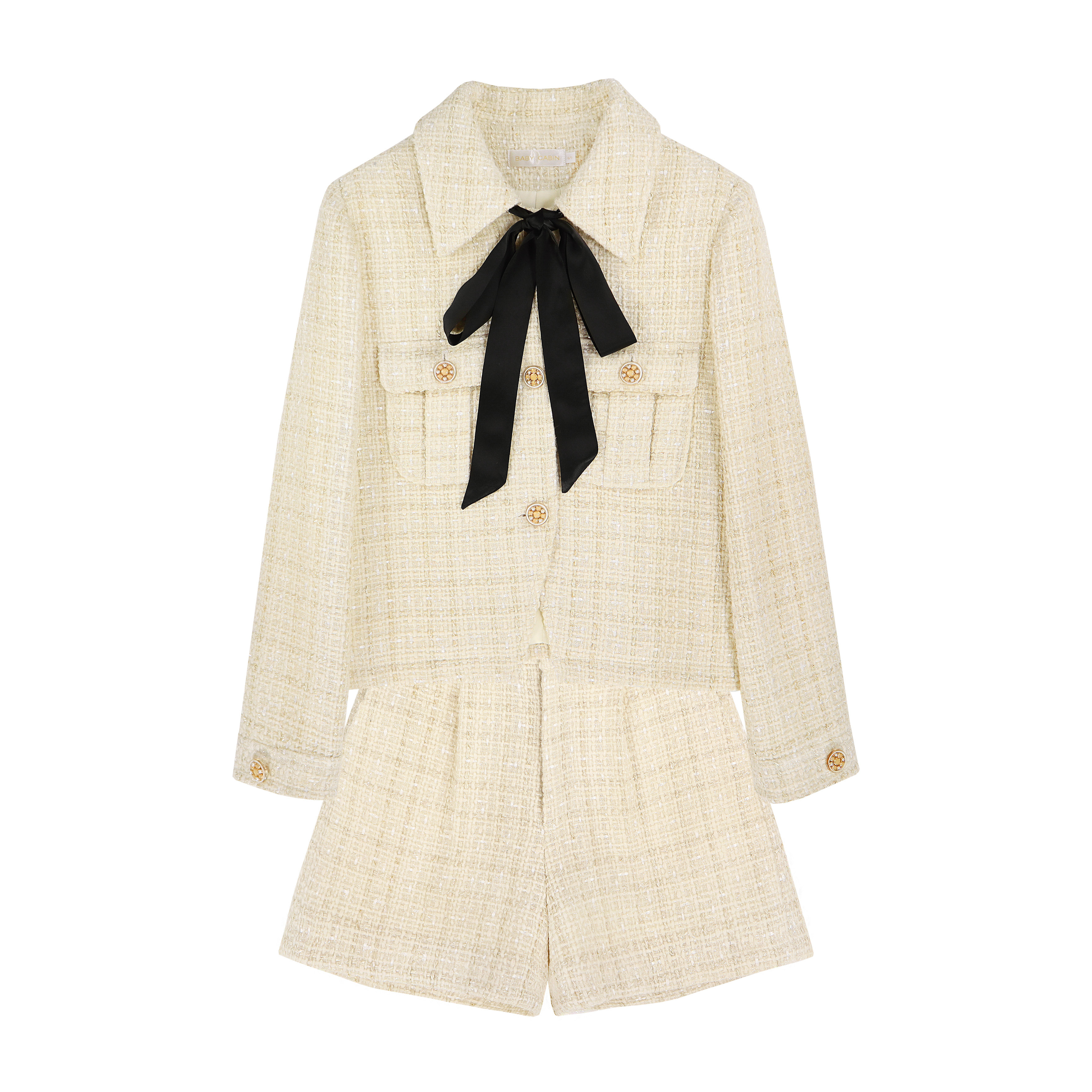 babby cabana 设计定制款原创粗花呢小香风米色羊毛套装两件套