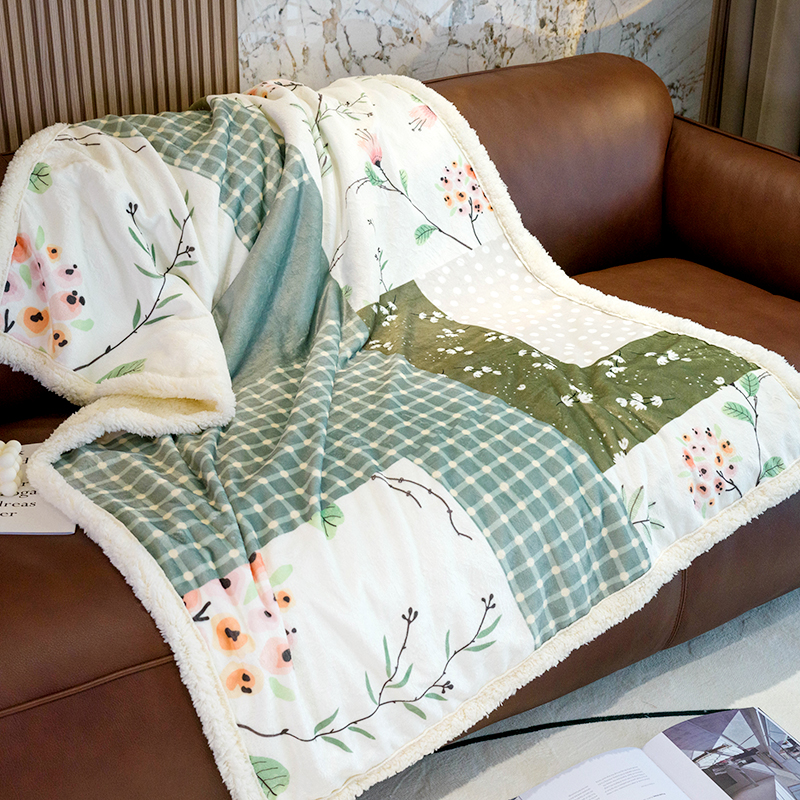 苍岭绿美式乡村小花沙发垫双面毛绒休闲盖毯碎花元素休闲毯空调毯