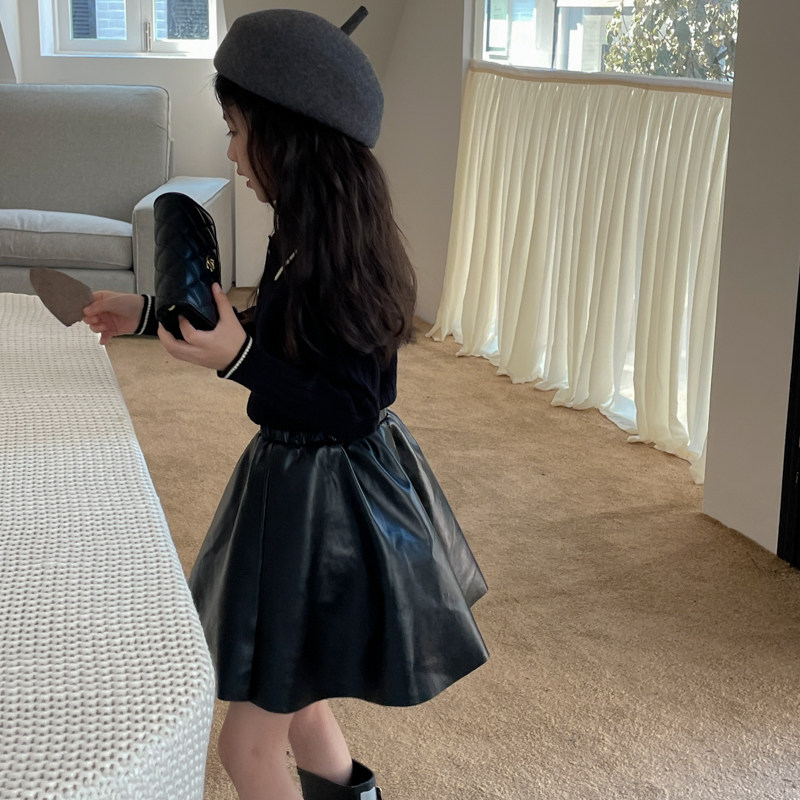 leobaby女童半身裙2022新款儿童皮裙机车百褶裙宝宝秋装洋气短裙n