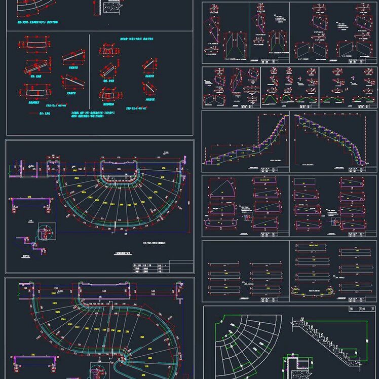 别墅旋转楼梯弧形楼梯转角楼梯设计cad施工图立面图分解展开图