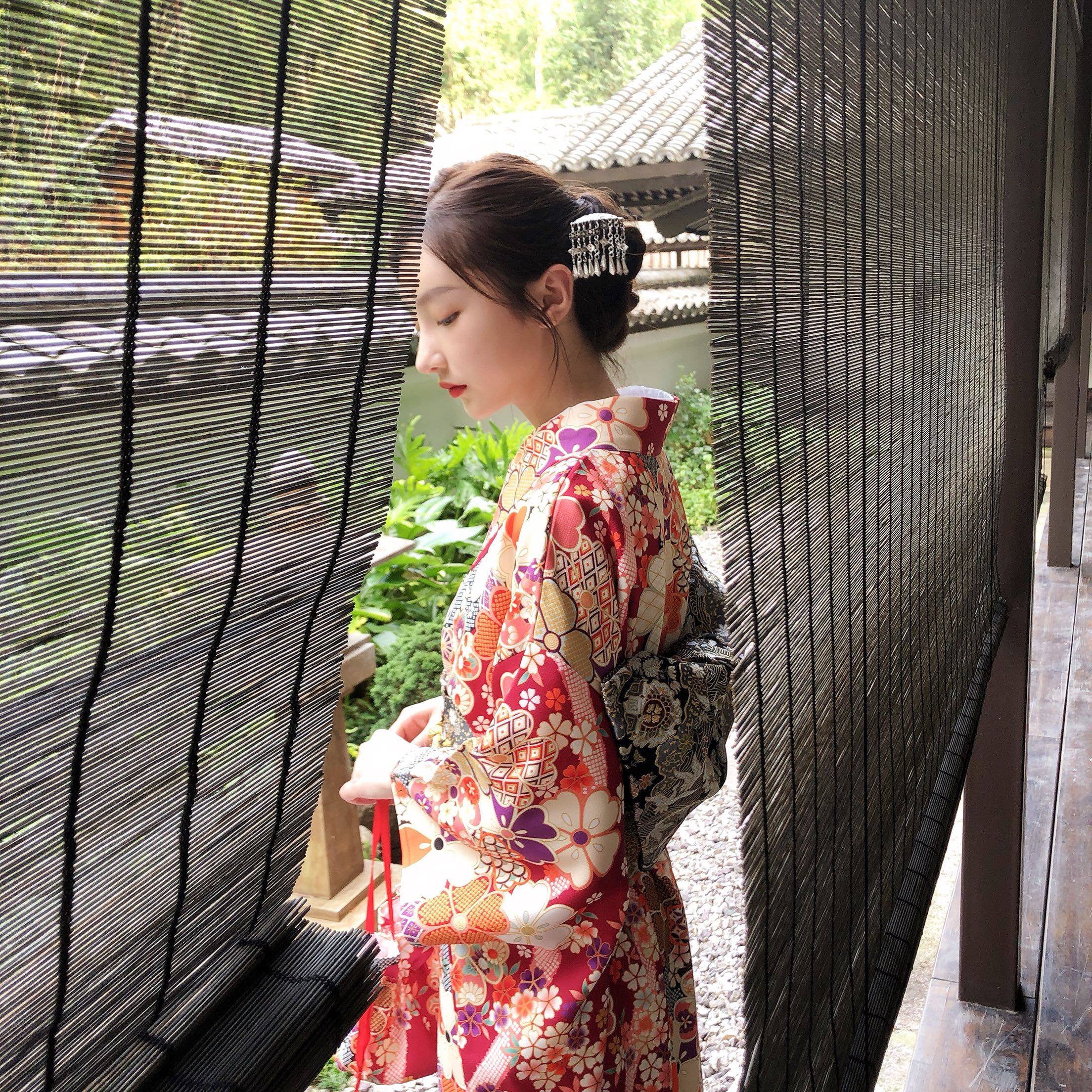 中古和服 千结衣 浆果红色长袖和服 大正风樱花摄影写真改良和服