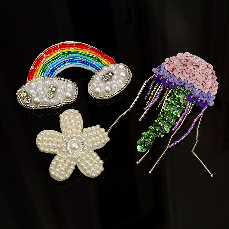 法式立体手工钉珠彩虹云朵珍珠小花水母布贴服装包包鞋子装饰辅料