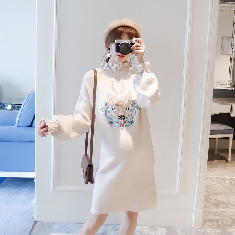 maternity dress Autumn Embroidery High collar sweater Korean Edition Mid length version knitting jacket 2019 new pattern pregnant woman coatin the Maternity/Maternal supplies/Nutrition , Maternity , Sweaters category - from Buy2taobao.com to provide professional Taobao agent buy service