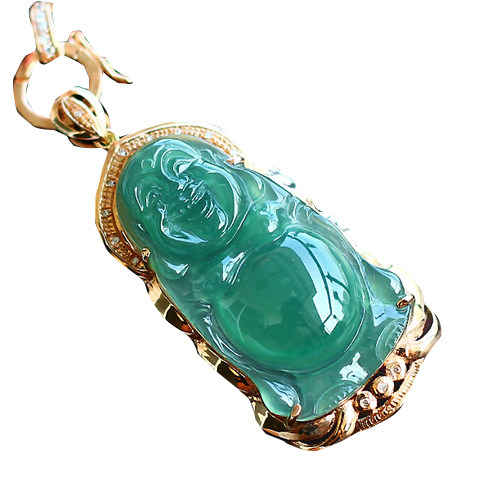 18k金伴钻石镶嵌冰种浅绿纯美站佛,天然a货翡翠9.77克(含绳)