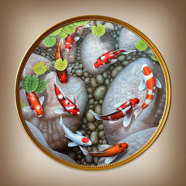 新中式圆形装饰画纯手绘九鱼图油画美式玄关过道走廊挂画欧式客厅