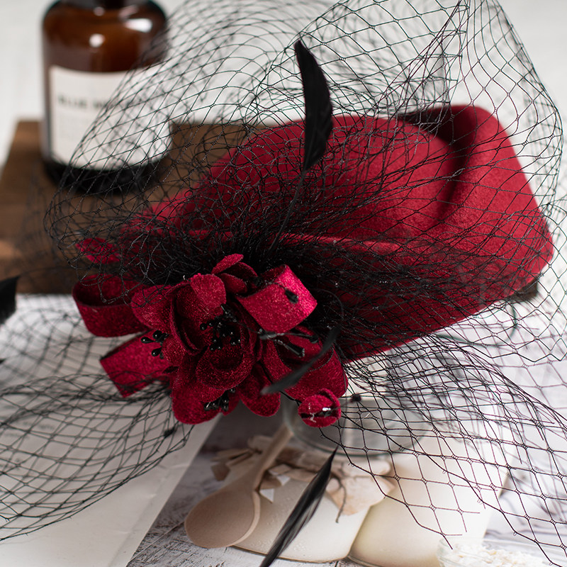 法式英伦赫本礼帽丝绒帽子秋冬宴会女式复古网纱新娘婚纱装饰帽