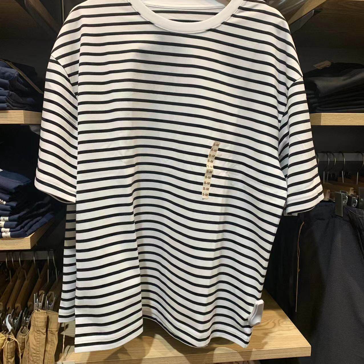 无印良品muji 不退换 长绒棉 宽版条纹短袖t恤 国内代购 男女22年