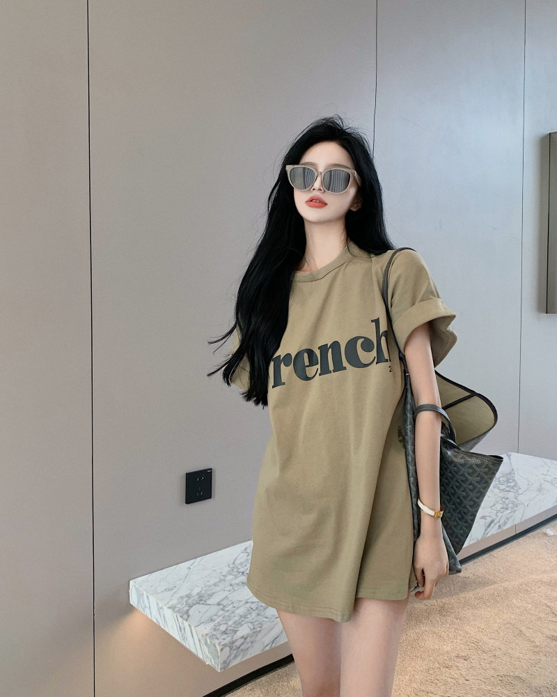 实拍实价 韩版字母印花落肩设计宽松百搭T恤上衣