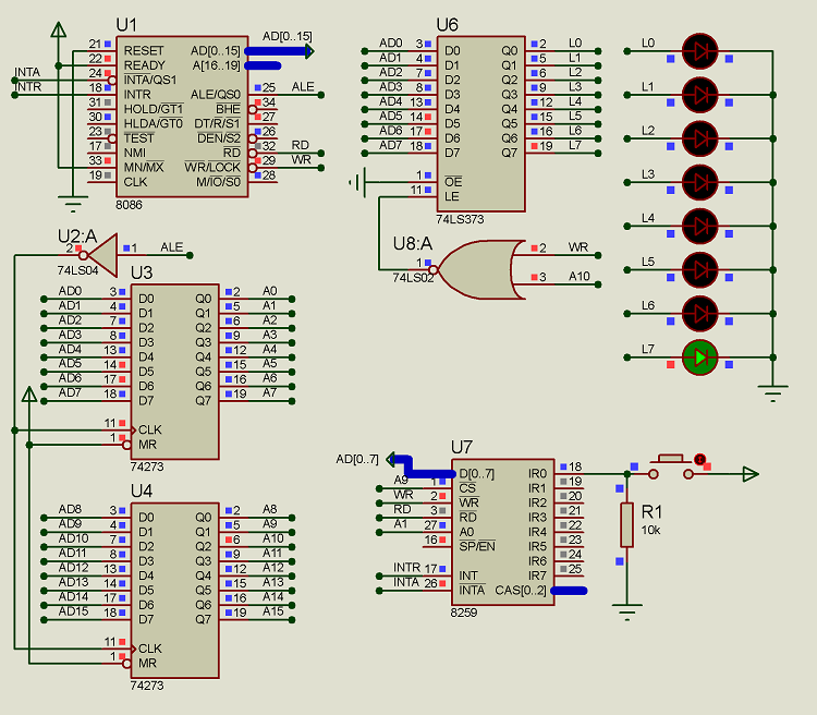 人气 汇编语言 led中断流水灯 8259 8灯 proteus仿真微机原理8086