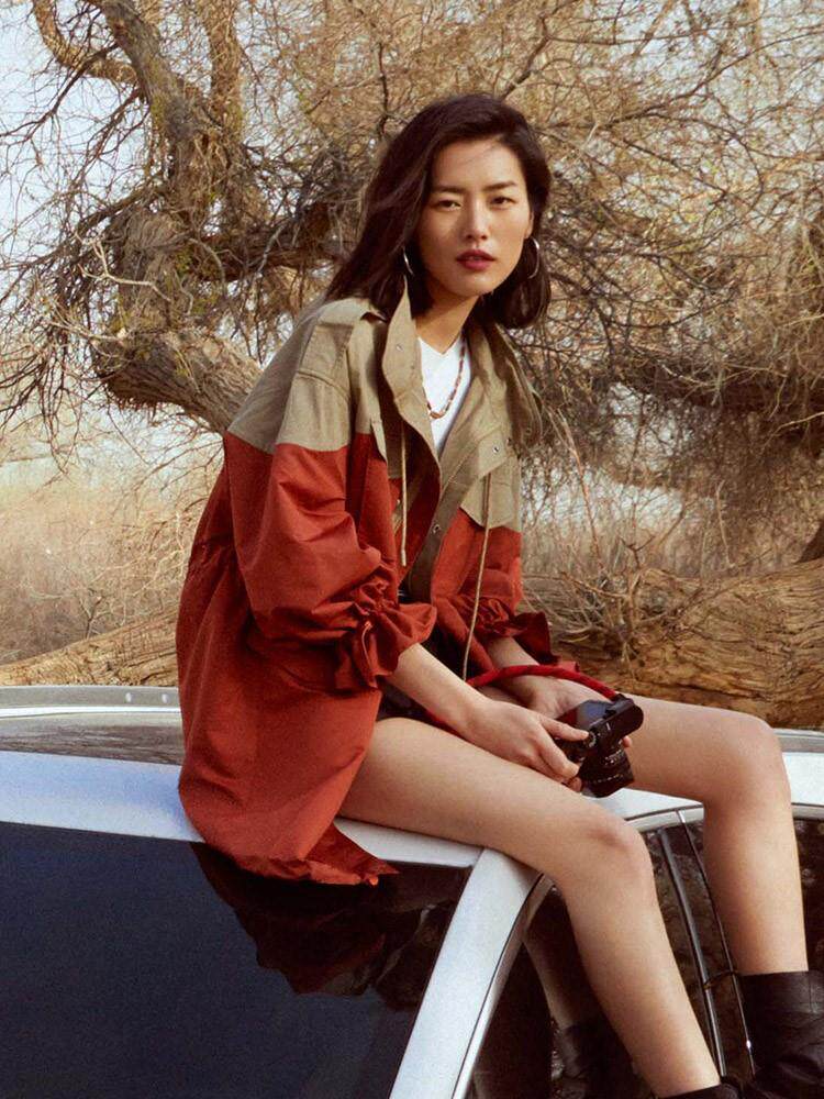 maje kara 明星同款刘雯2021秋新款拼色工装大码中长款风衣外套女