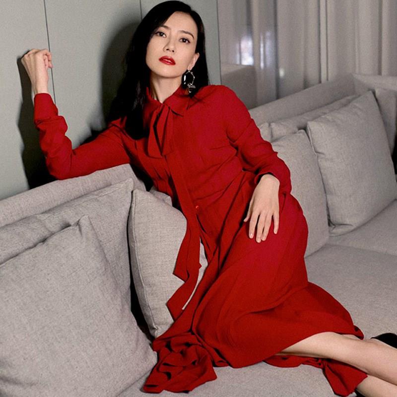 高圆圆明星同款红色连衣裙气质长袖修身中长款高腰显瘦礼服长裙子