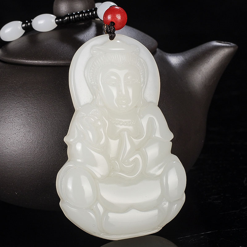 热销和田玉净瓶观音_天然新疆和田玉观音挂件白玉精雕净瓶观音吊坠