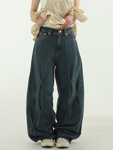韩国代购24A/W pin tuck wide jean 设计师款捏褶宽松牛仔裤复古