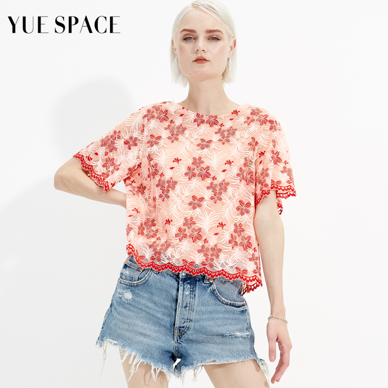 YUESPACE蕾丝衫印花镂空T恤夏季女套头短袖上衣网纱洋气时尚小衫
