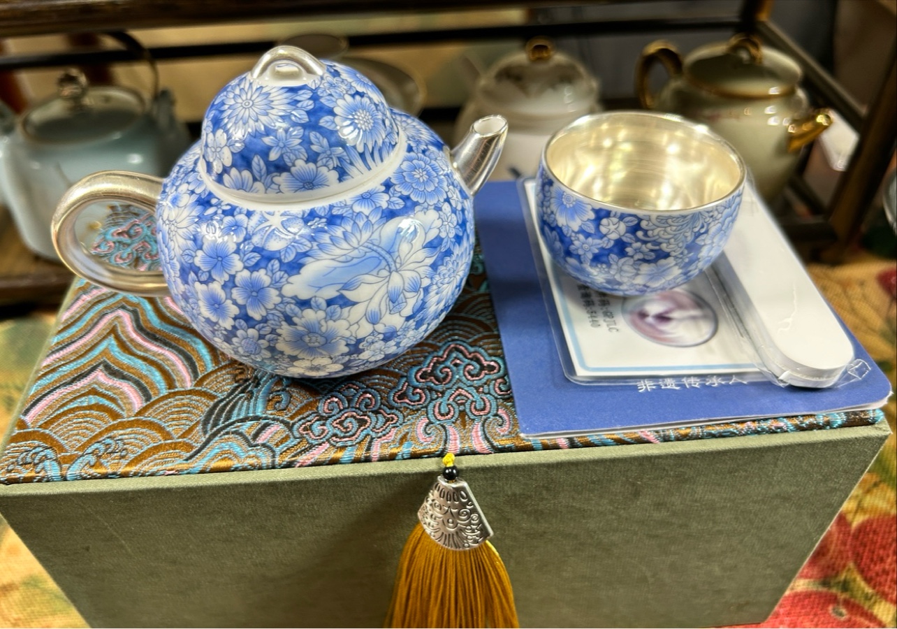 青花珐琅鎏银壶茶器一壶一杯礼盒套装