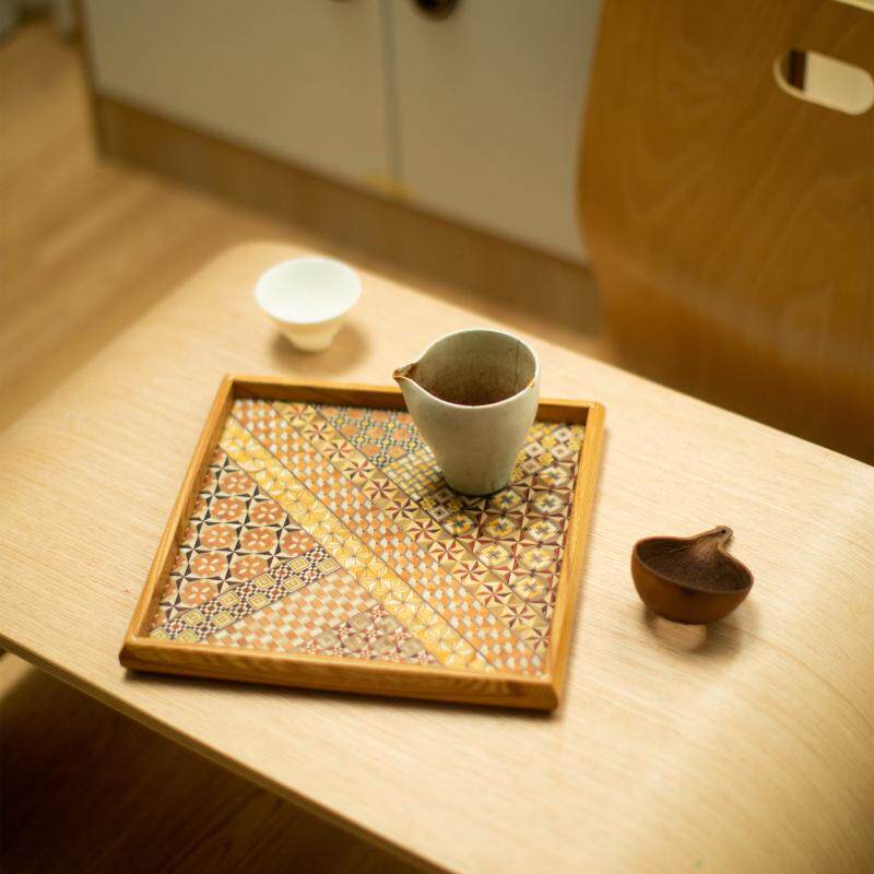 日本进口寄木细工正方形家用食物托盘胡桃木日式实木复古手工茶盘