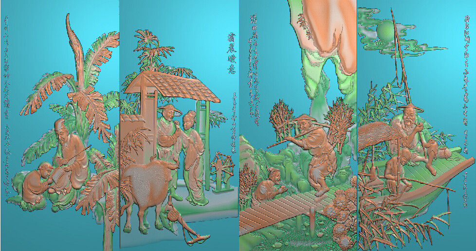 精雕图小渔樵耕读挂画挂屏风木雕条屏玉石雕砂岩装饰浮雕图灰度图