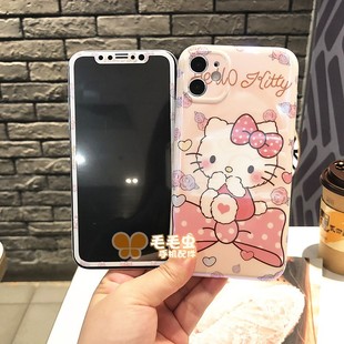 可爱卡通kitty适用苹果11/12/13/14promax钢化玻璃膜iphone7/8plus手机壳加彩膜前膜后壳XS/XR