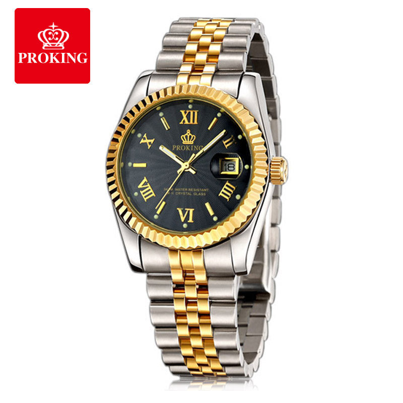 新品proking皇冠男士手表男正品土豪金防水钢带商务夜光日历男表