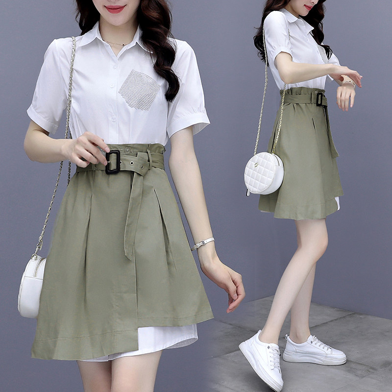 大学生学院风衬衫连衣裙高腰显瘦遮肚子女装穿搭a字裙套装两件套