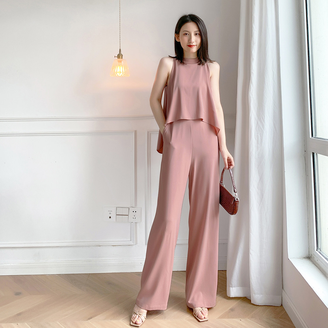 粉色连体裤女夏2021新款高腰显瘦气质雪纺工装阔腿连衣裤时尚套装