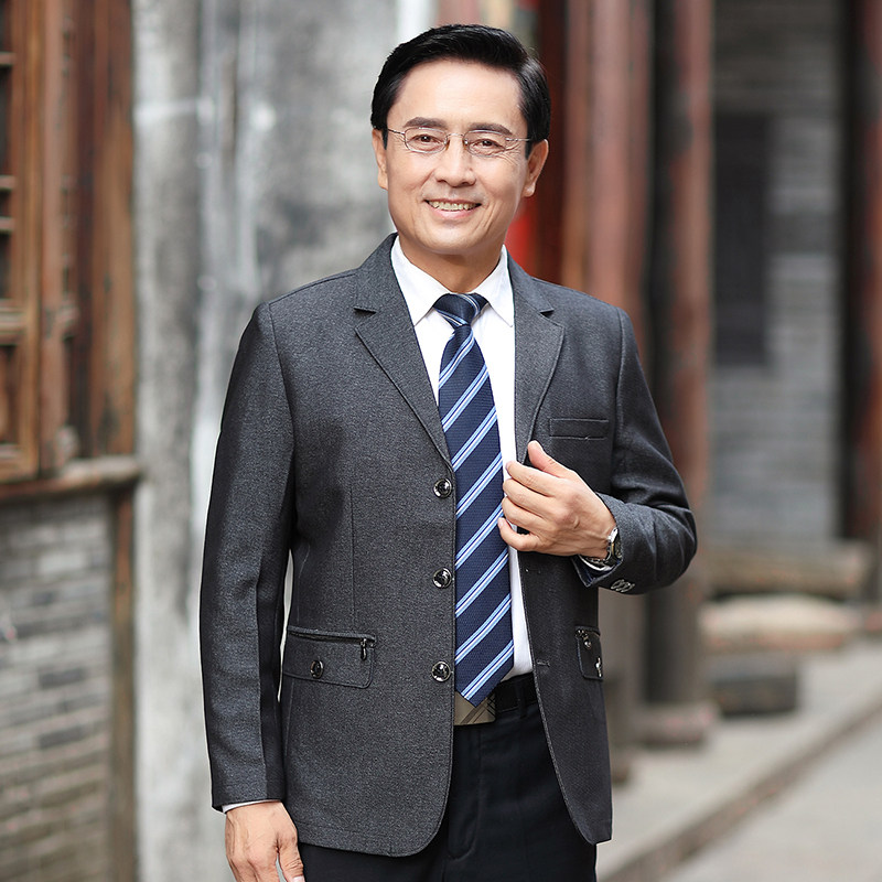 春季新款男士西装外套中老年商务休闲西服爸爸上衣x16p100模特