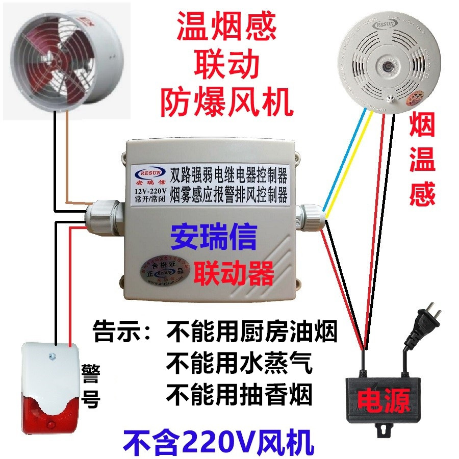 安瑞信新款温度烟雾二合一报警联动220V排风扇火灾感应控制排风优