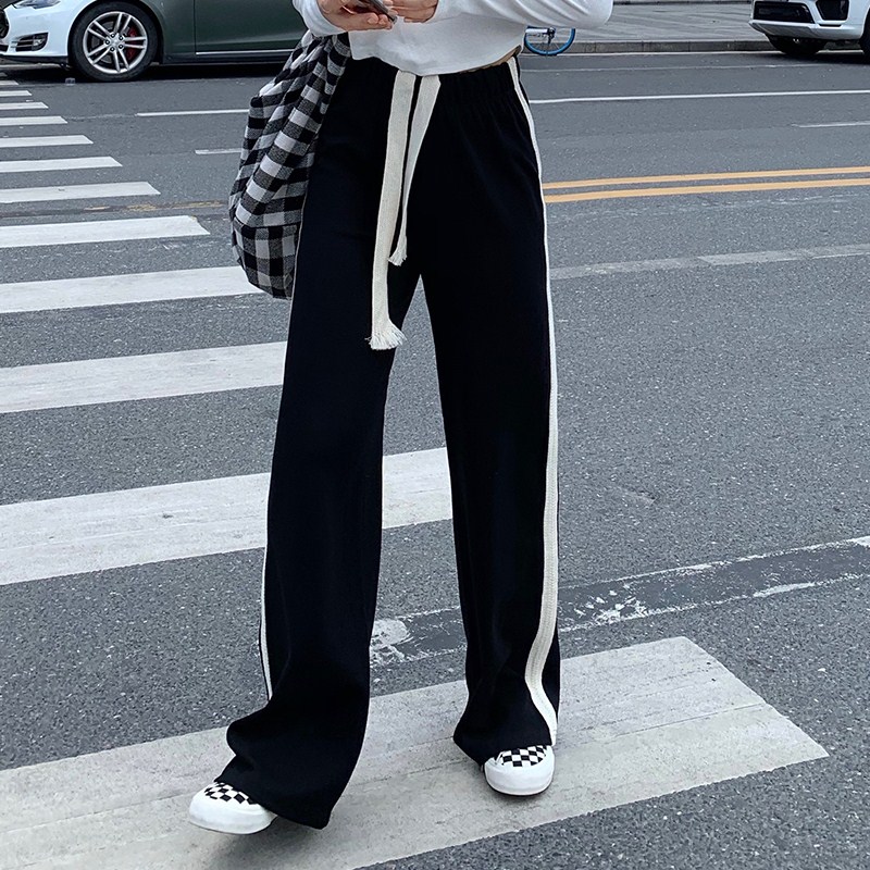 黑色运动裤子高街ins潮女矮个子百搭抽绳阔腿裤高腰垂感休闲裤150