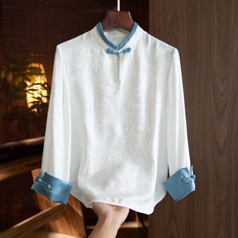 高端中国风真丝上衣女短款春季高级感复古中式盘扣长袖桑蚕丝衬衫
