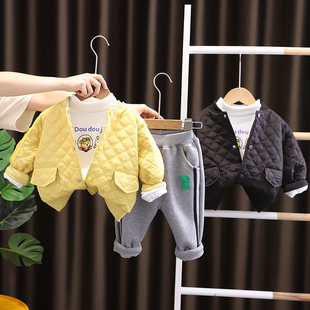 婴儿冬款加绒套装5五8八九十个月男宝宝夹棉外套男童秋冬三件套厚