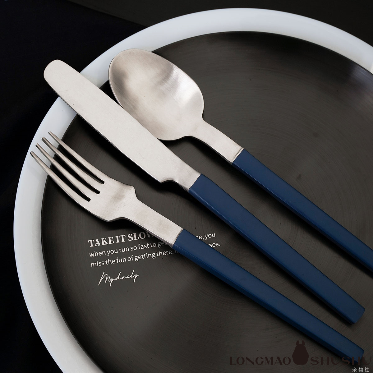 克莱因蓝304不锈钢家用西餐具套装三件套牛排刀叉勺筷INS风高级感