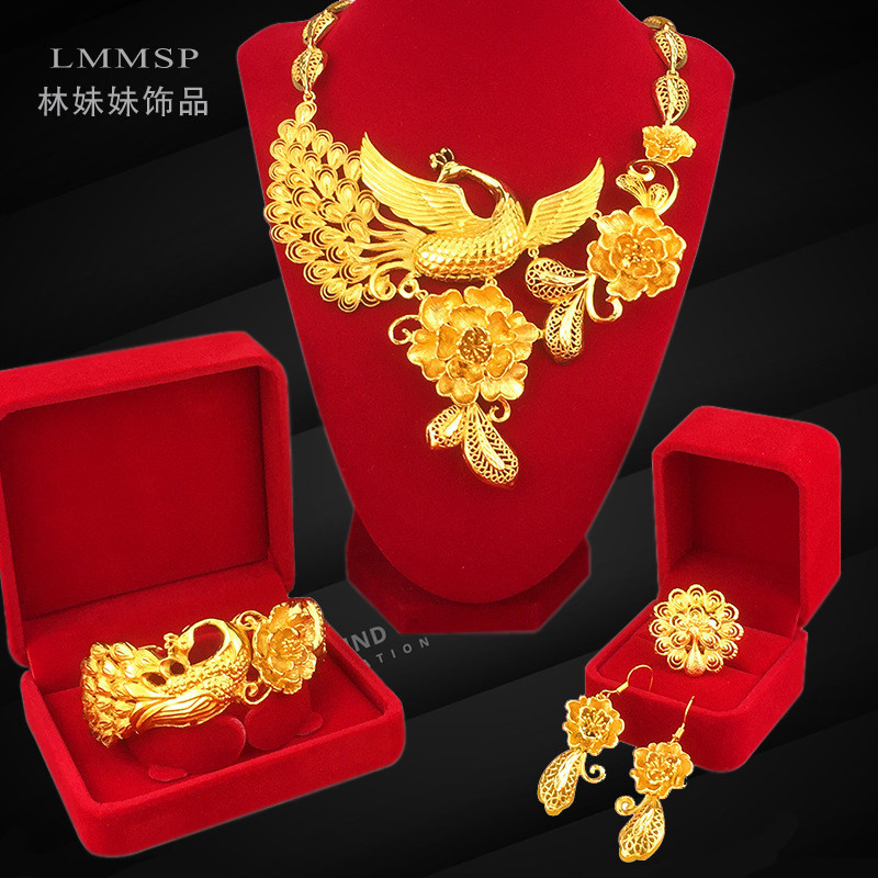 新娘沙金项链女凤凰花结婚套装镀24k手镯戒指假黄金仿真三金首饰