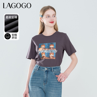 Lagogo拉谷谷格雷系猫咪印花刺绣T恤2024夏季新款纯棉灰色短袖女