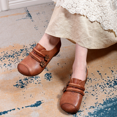 真皮复古平底鞋软底妈妈鞋平跟森女全牛皮2020春秋新款花朵女单鞋