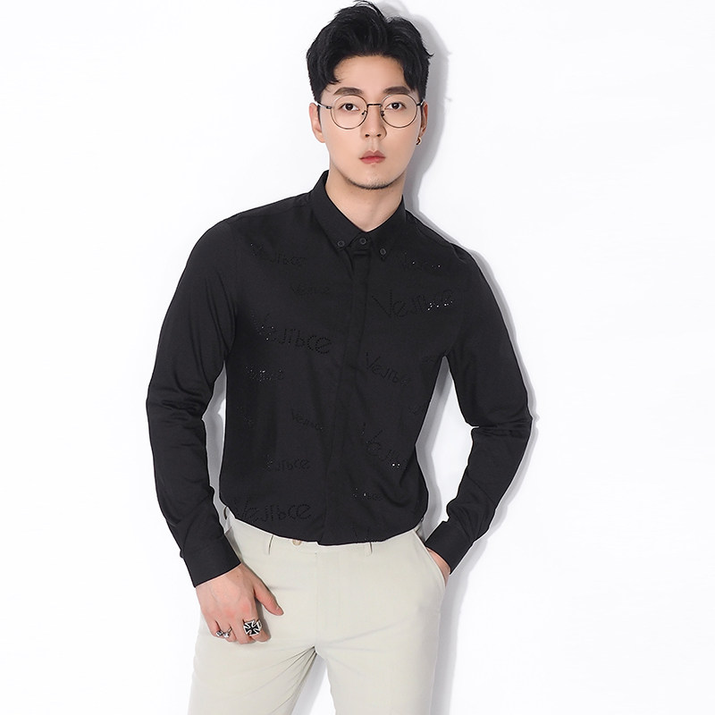 川泽薄款抗皱长袖黑衬衫男2019韩