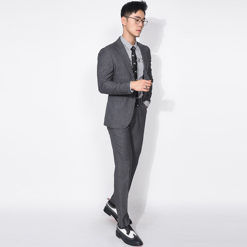 羊毛西装男套装灰色新郎结婚礼服英伦风正装修身休闲西服潮流时尚