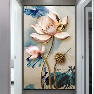 玄关瓷砖玄关背景墙瓷砖3d走廊过道瓷砖背景墙中式瓷砖画荷花莲花